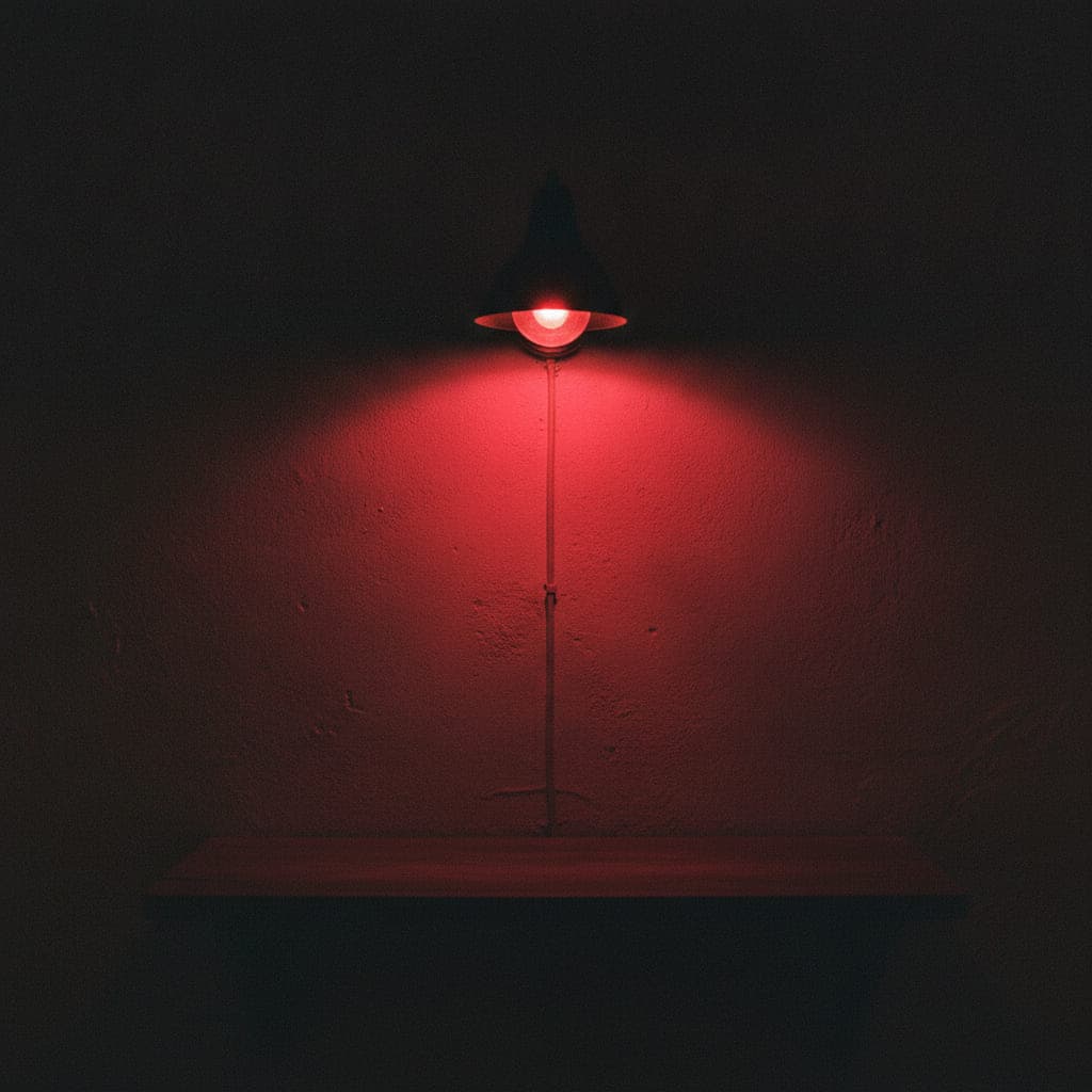 Eine einzelne Dunkelkammerlampe an einer rauen Wand, ihr Glas leuchtet und wirft einen schmalen Lichtkegel