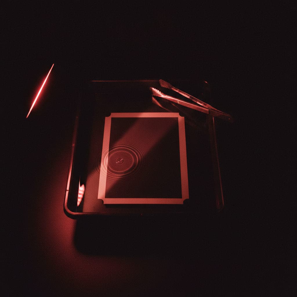 Flache Entwicklerschale mit Flüssigkeit, darin ein leicht gewelltes Blatt Fotopapier und eine Metallzange