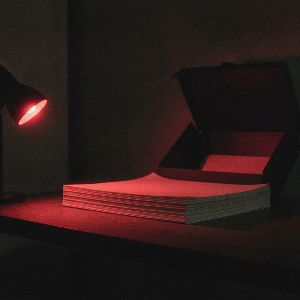 Dicker Stapel Fotopapier fast von der Kante gesehen, die dünnen Blattkanten fangen einen streifenden Lichtstrahl